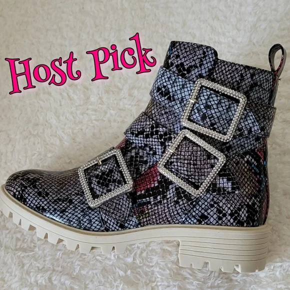 NEW Womens Combat Boots Moto Grunge Pink Multi Jeweled Bling Buckles Reptile 7.5 - Picture 12 of 12